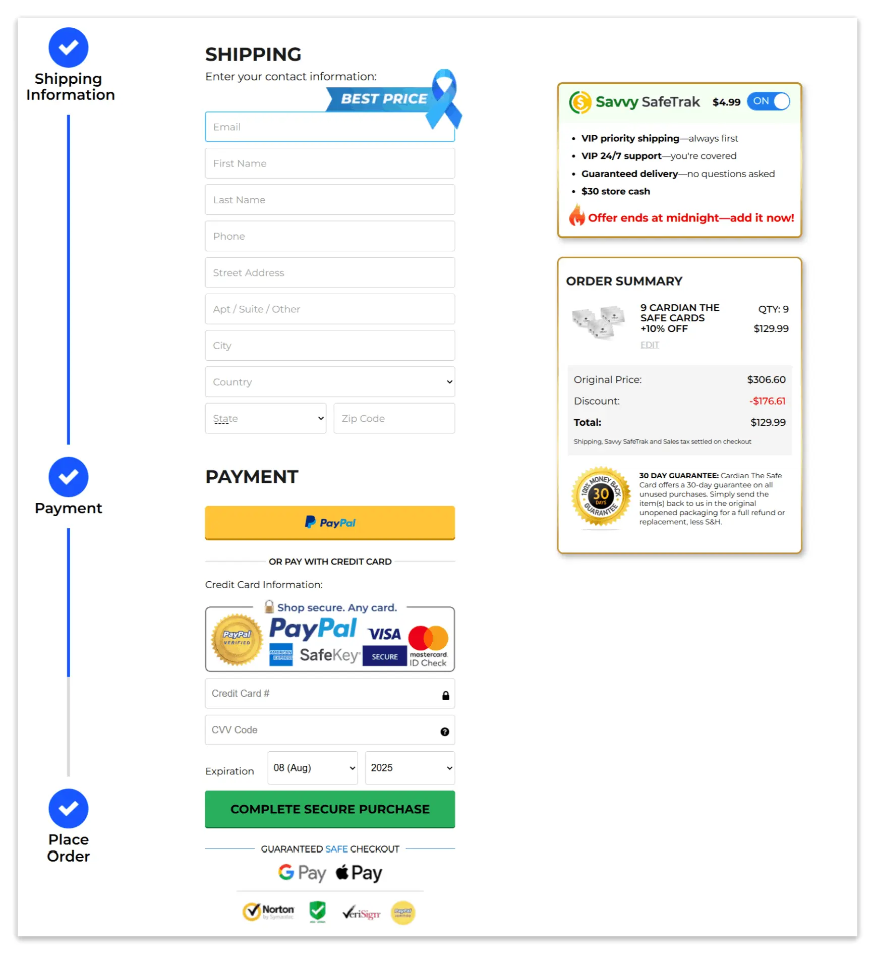Cardian Safecard secure checkout page